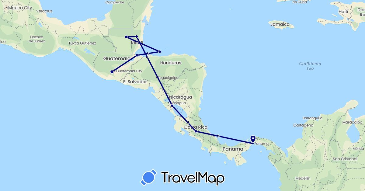 TravelMap itinerary: driving in Belize, Costa Rica, Guatemala, Honduras, Nicaragua, Panama (North America)